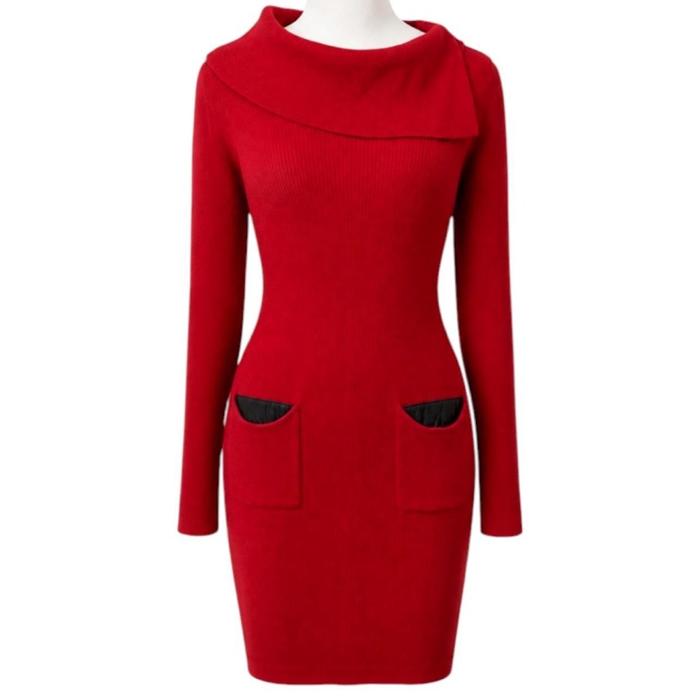 BCX Red Ribbed Sweater Dress w/‎ Pockets Sz L
